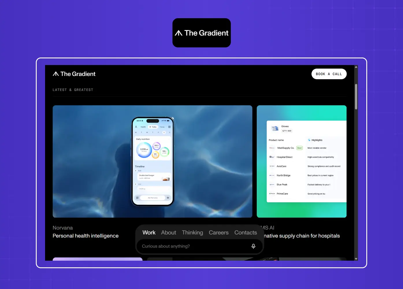 AI product design agency website featuring healthcare and enterprise AI case studies with immersive visuals. 