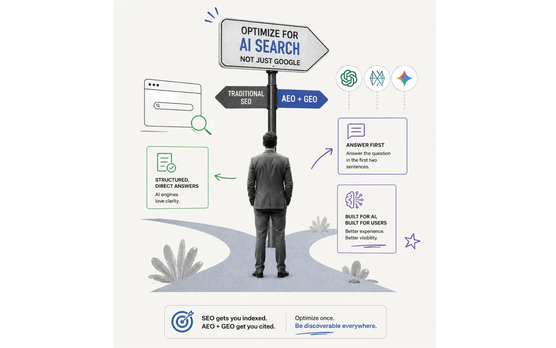 Comparing traditional SEO versus AEO and GEO for AI search engine optimization.