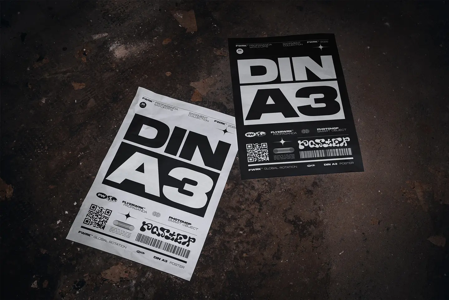 Basement A3 poster mockup lying loose on dusty basement floor surface