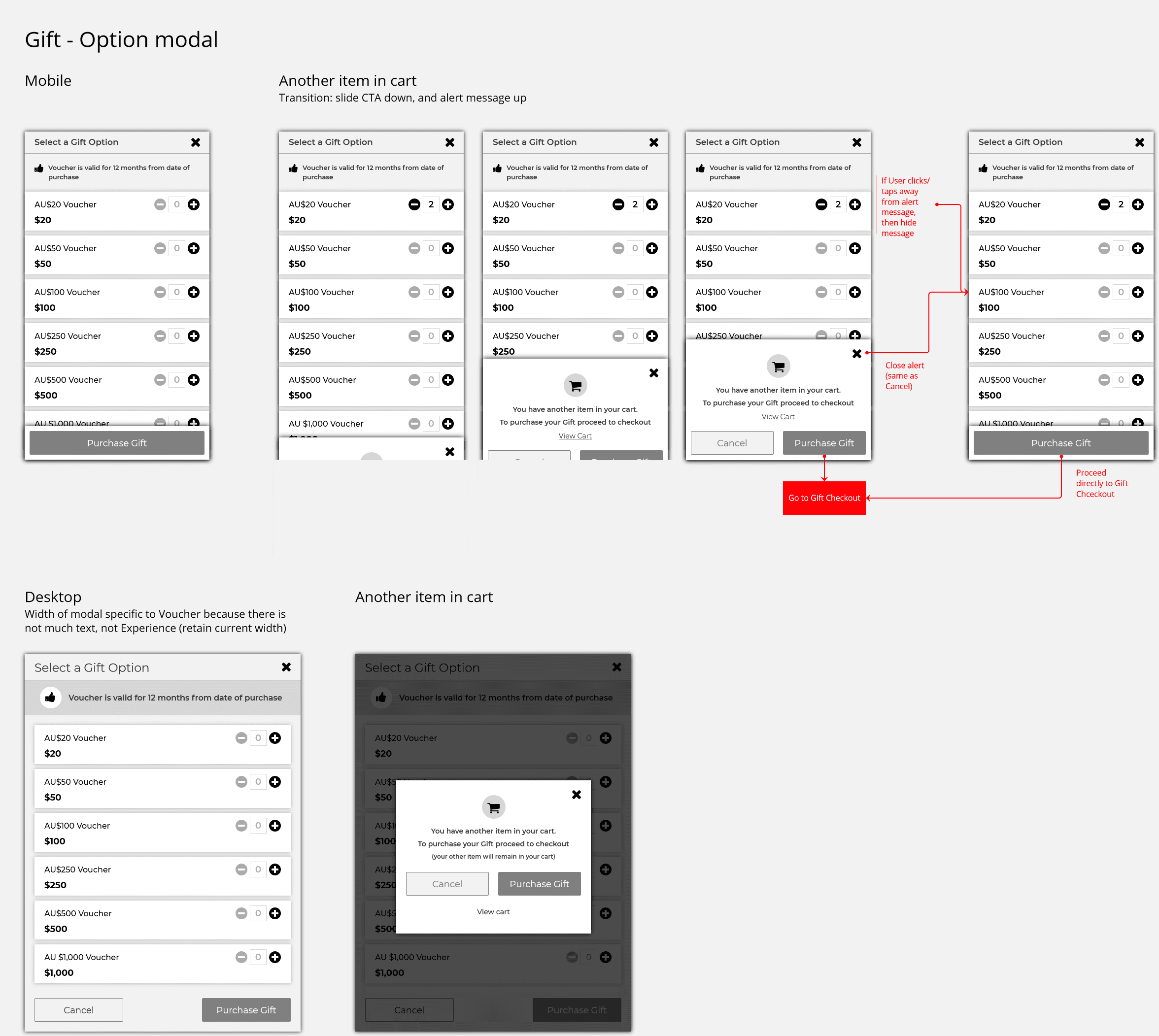 Gift voucher purchase flow showing the same option modal pattern used across the booking path, Backpacker World Travel branding