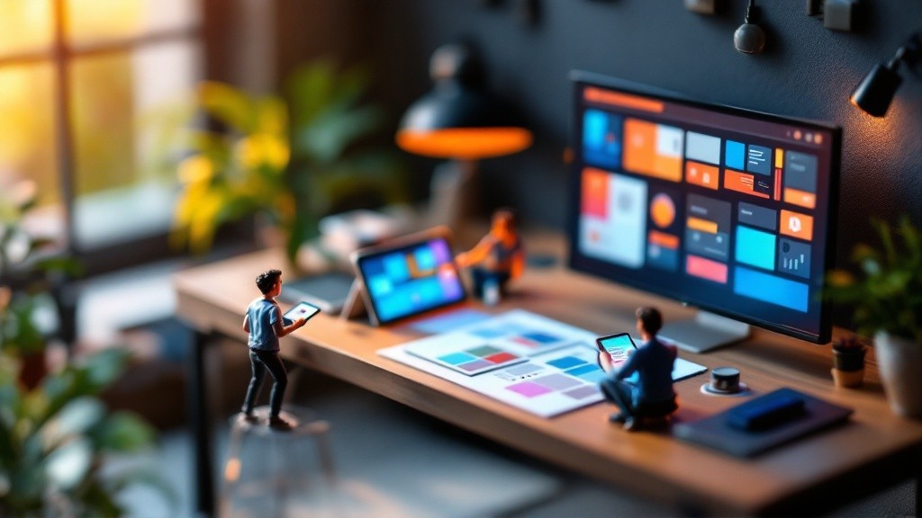 Tiny designers building a responsive website model inside a Framer-like miniature workspace