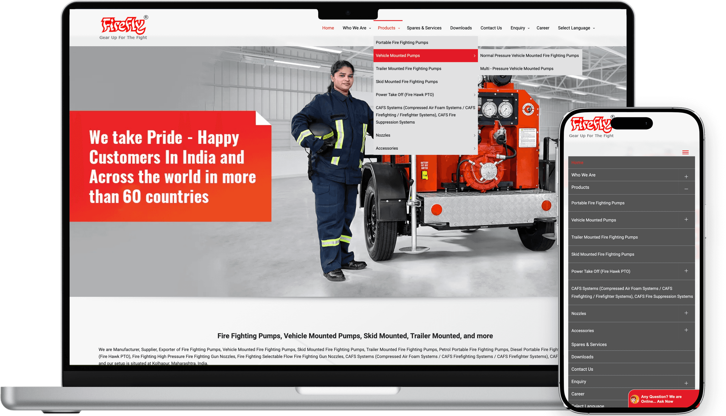 Products menu open on Vehicle Mounted Pumps, with the mobile menu beside it