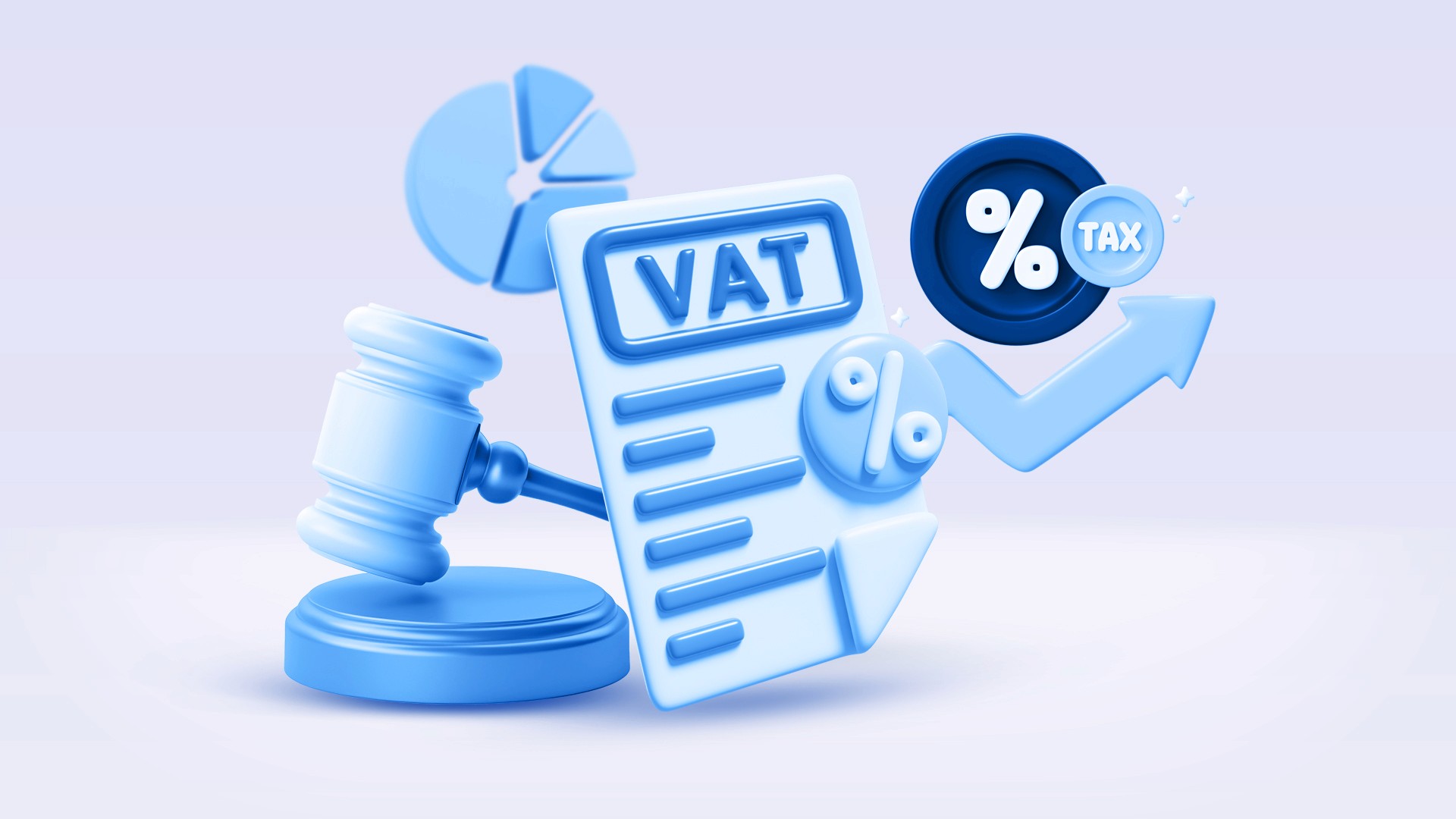 page with the word VAT, an arrow and images of a percentage sign, pie chart and justice gavel