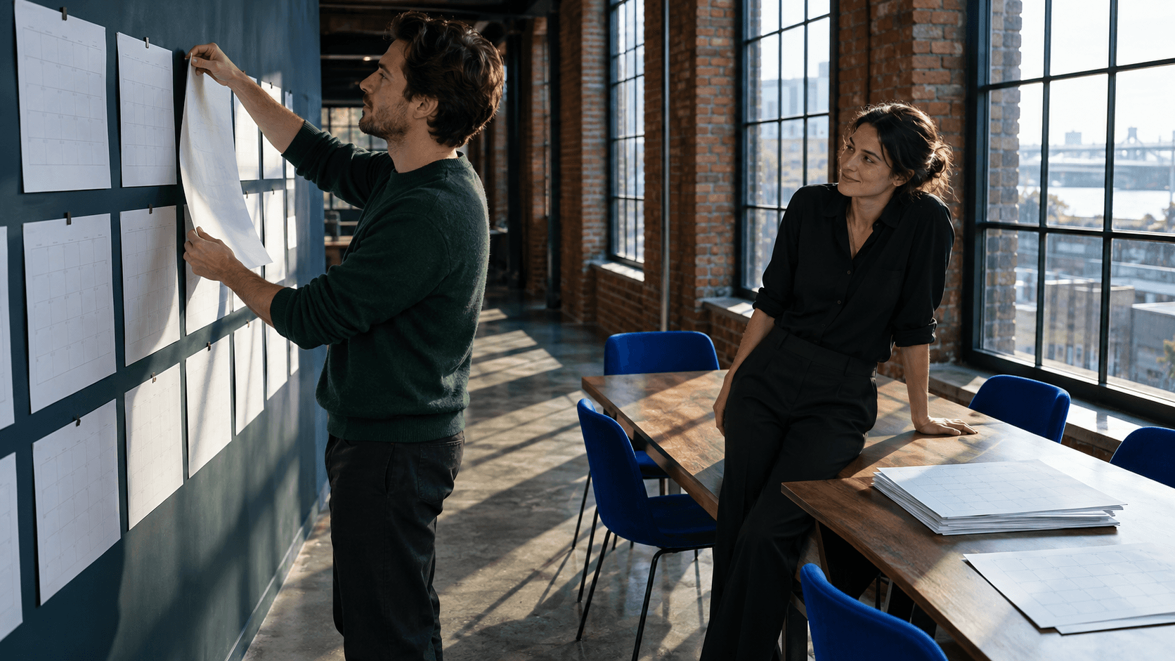 Marketingteam einer Bank in einer alten Backsteinfabrik: Ein Mann im dunkelgrünen Pullover nimmt leere Kalenderblätter von der Wand, eine Kollegin schaut amüsiert zu