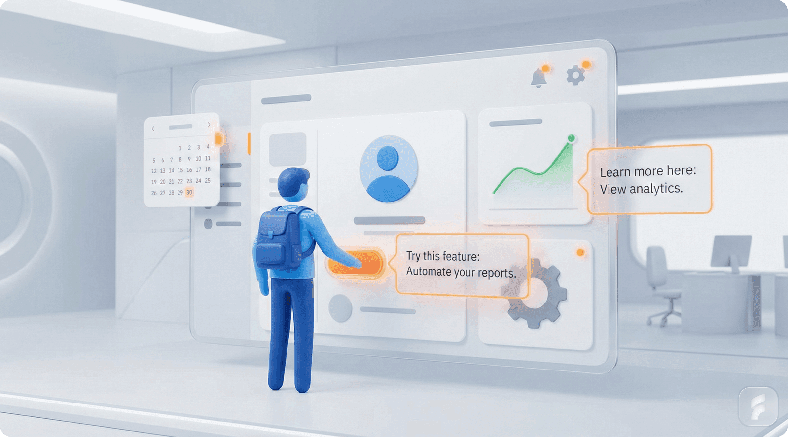 A 3D representation of a user interacting with a SaaS dashboard, where a 'Try this feature' prompt encourages users to automate reports, showcasing an analytics feature.