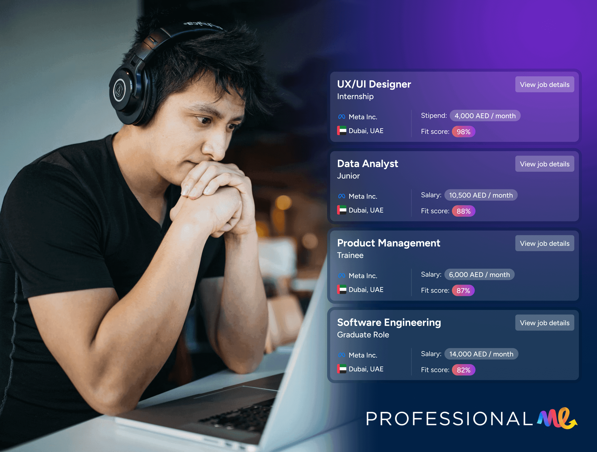 Professional.me univerity man at desk with headphones reviewing job opportunities