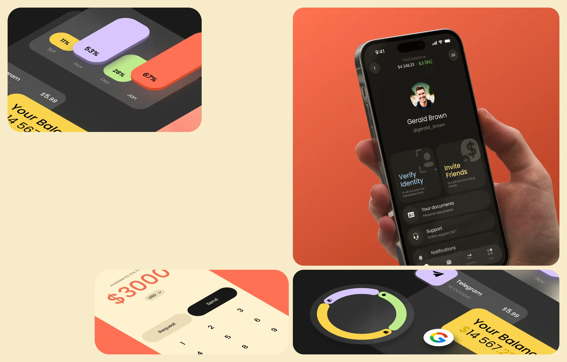 Nova app user profile screen held in hand — Gerald Brown account with Verify Identity and Invite Friends actions