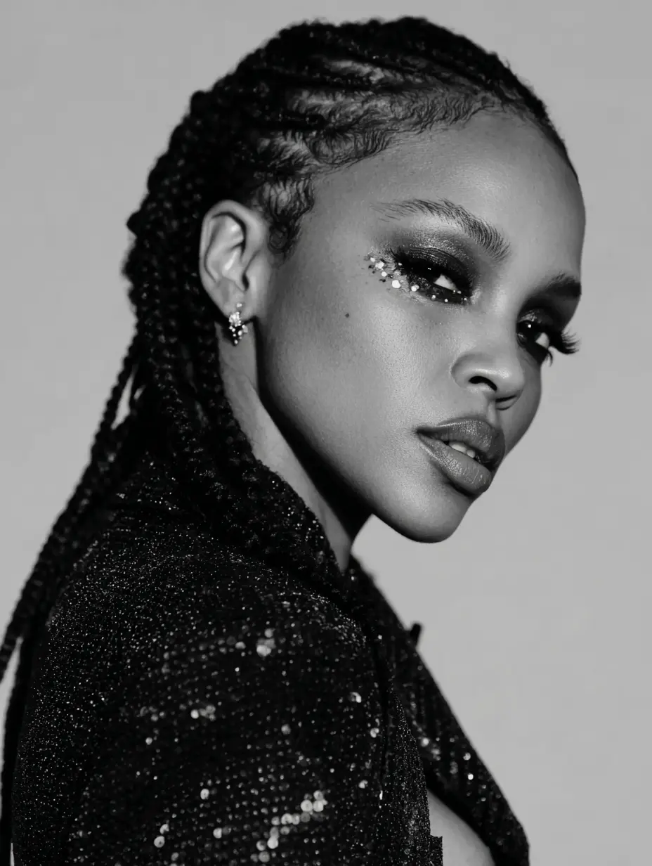 Black and white portrait of a woman with braided hair and detailed makeup.