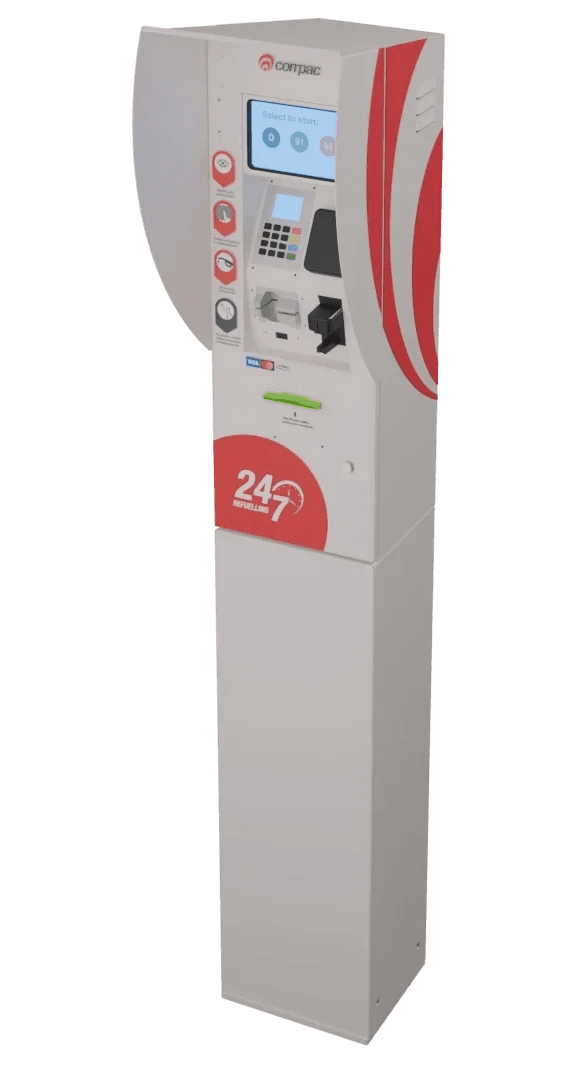 Render of Compac Laser payment terminal with a colour screen, ready to process payment.