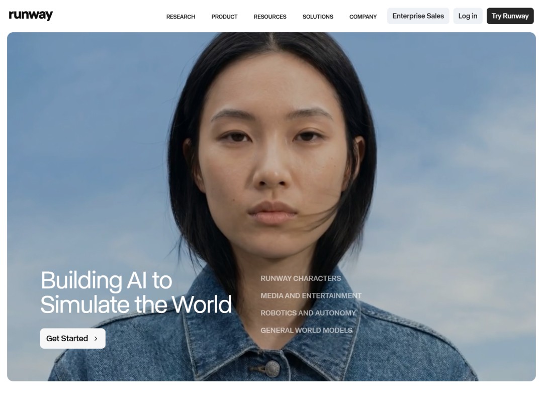 Runway homepage with minimal hero section showing a woman