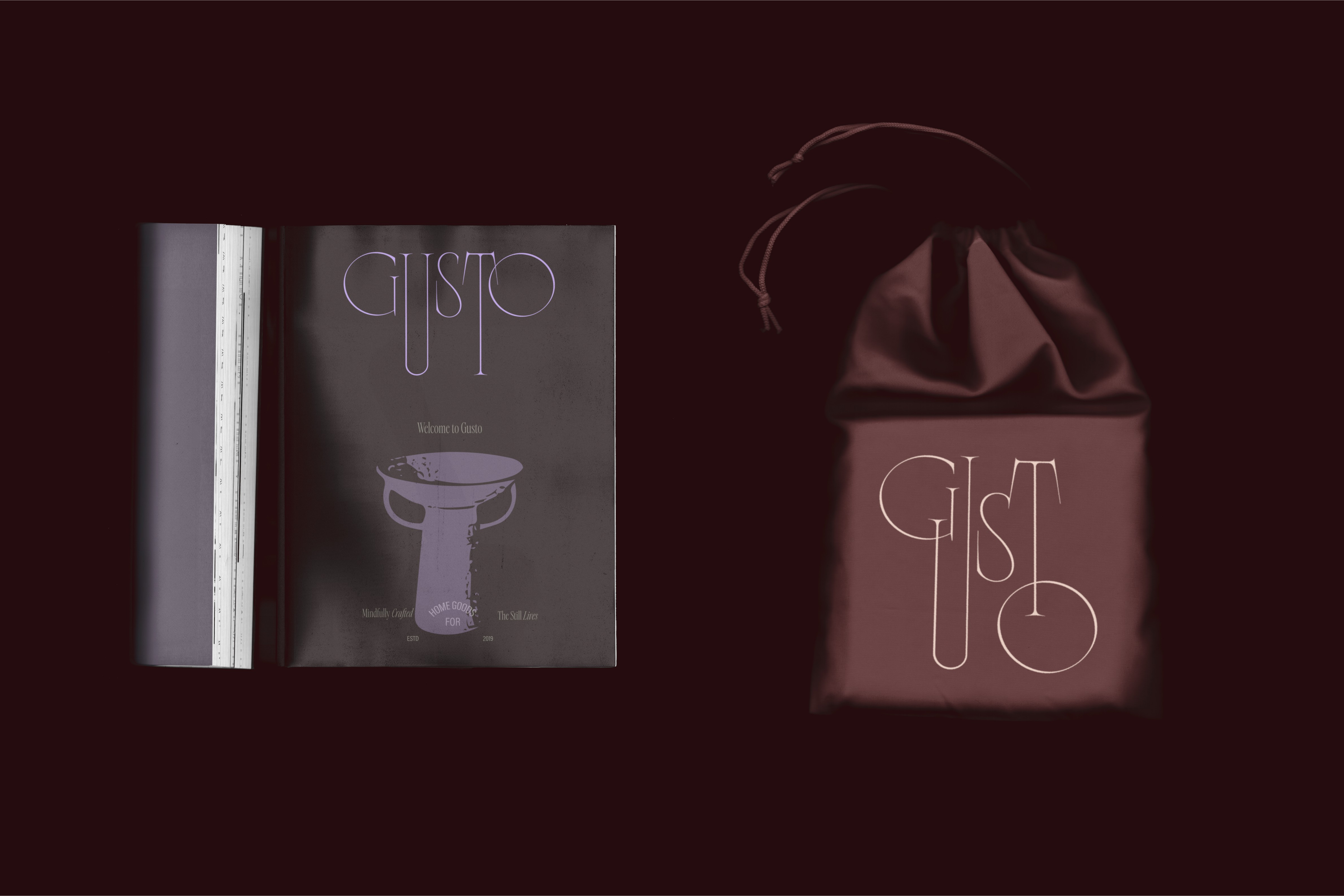 Gusto printed brand materials alongside a drawstring pouch, featuring the brand’s sleek typography and luxury-inspired packaging.