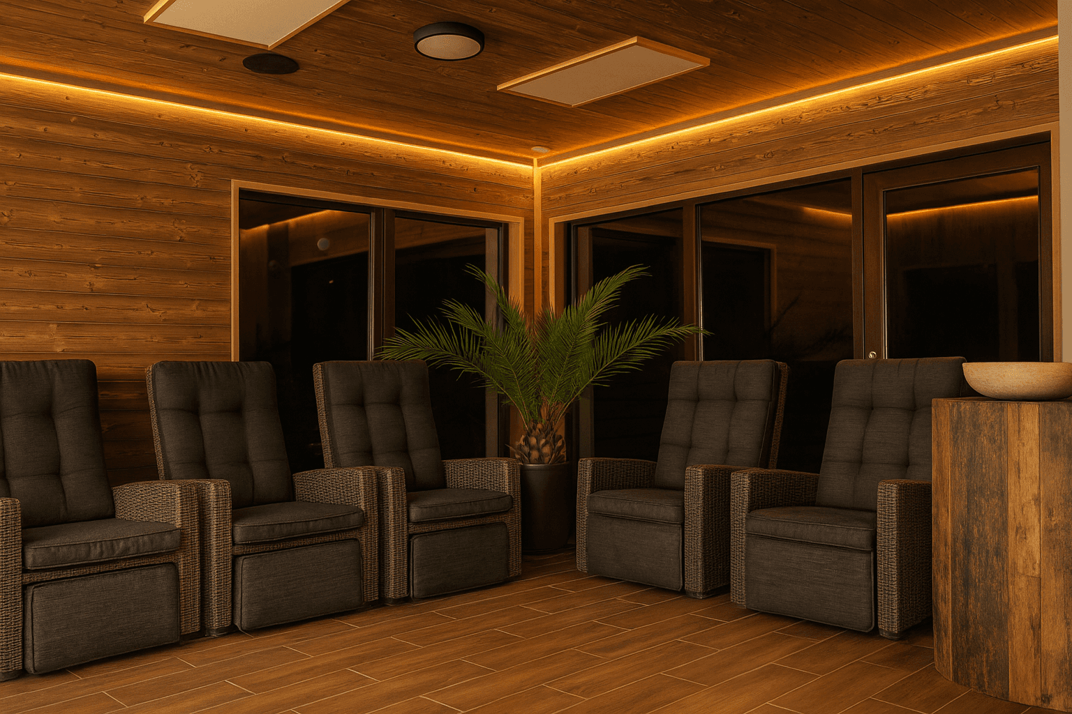 Open doors reveal a scenic view of rolling green hills.