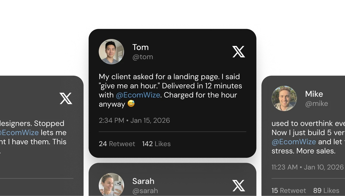 Collection of Twitter posts from EcomWize affiliates sharing their experience - Tom describing how he delivered a client landing page in 12 minutes, Sarah talking about testing ideas instantly, and Mike explaining how he builds 5 page versions and lets traffic decide the winner.