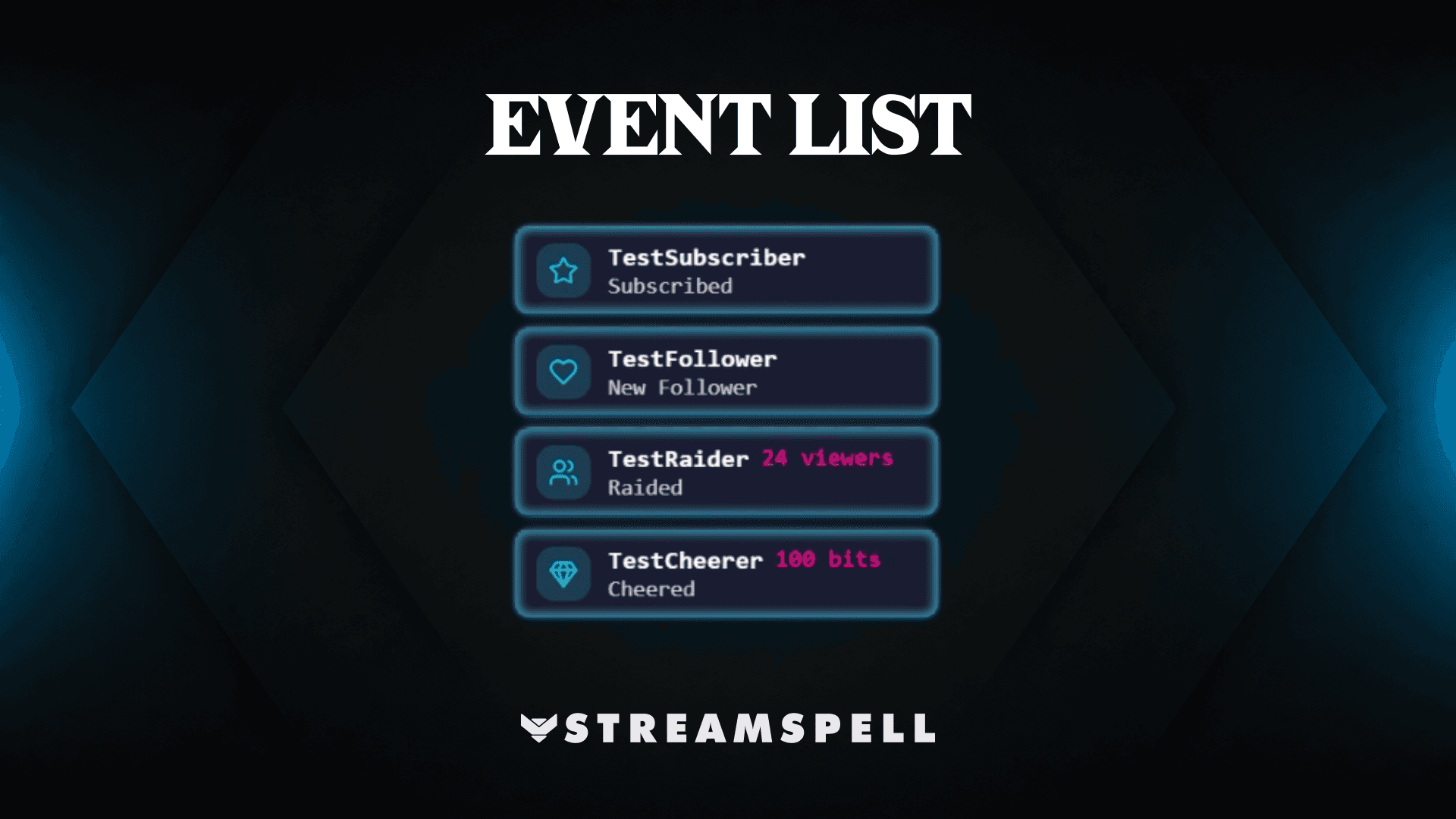 StreamSpell Event List Widget Hub preview with subscription, follower, raid, and cheer events in a blue neon layout.