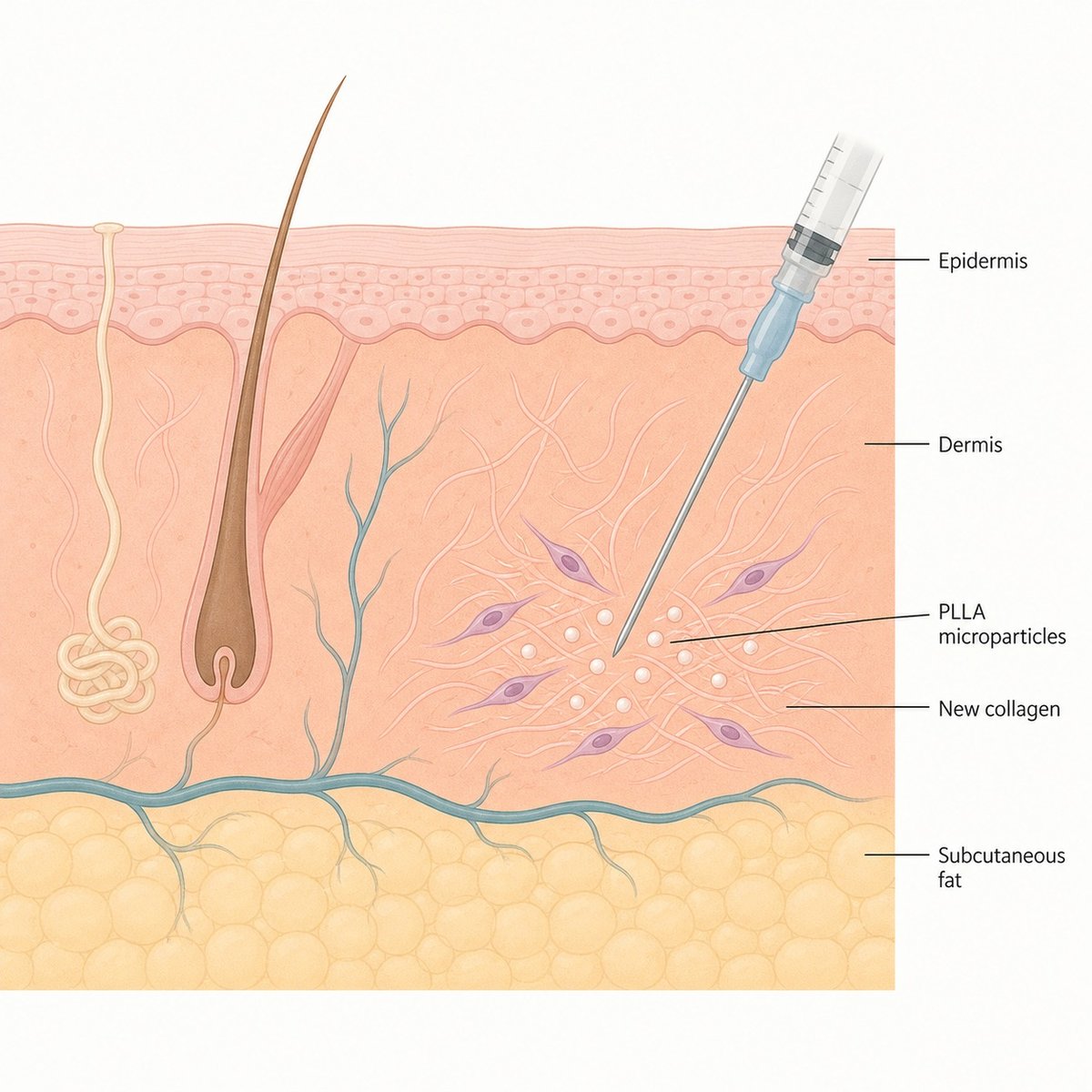 Cross-section illustration of poly-L-lactic acid microparticles placed in the deep dermis and subcutaneous fat, with fibroblasts building new collagen around them