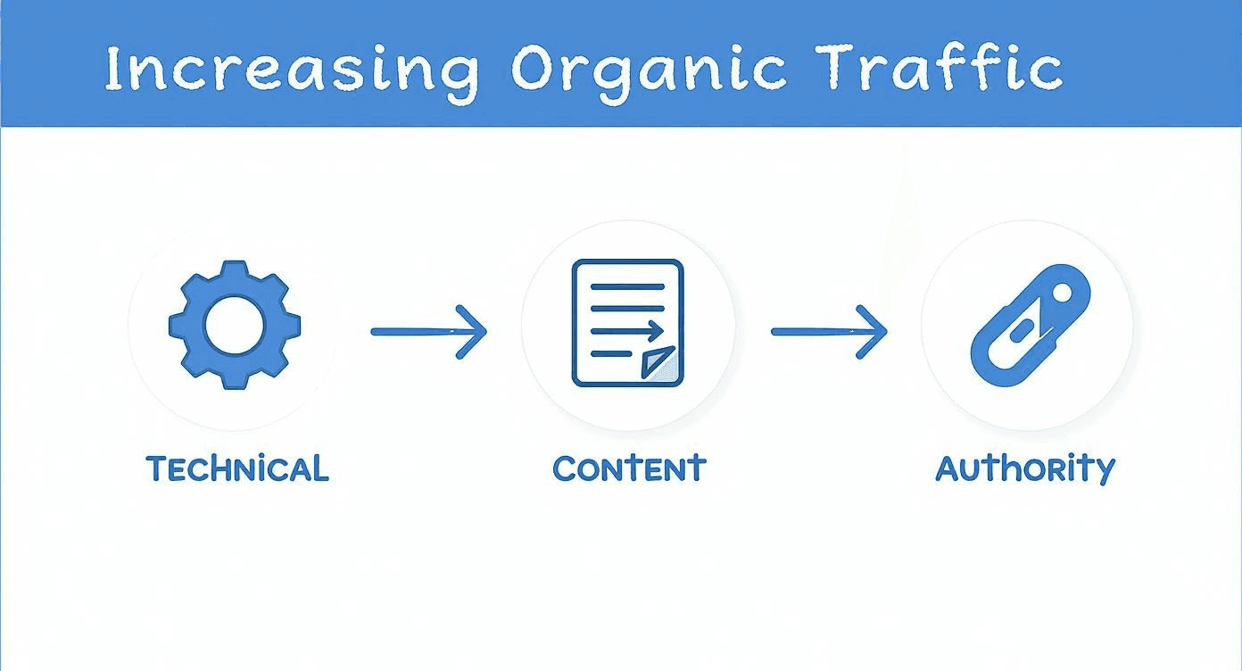 an infographic showing the steps to increasing organic traffic