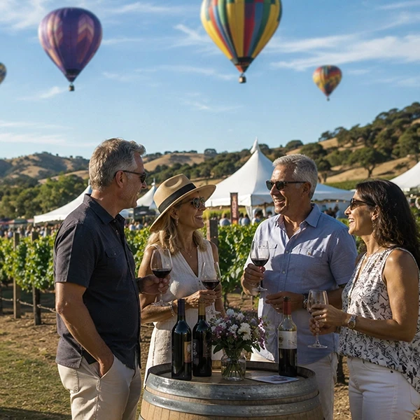 4 middle aged folks are drinking wine in a vineyard with a festival and hot air balloons are behind them