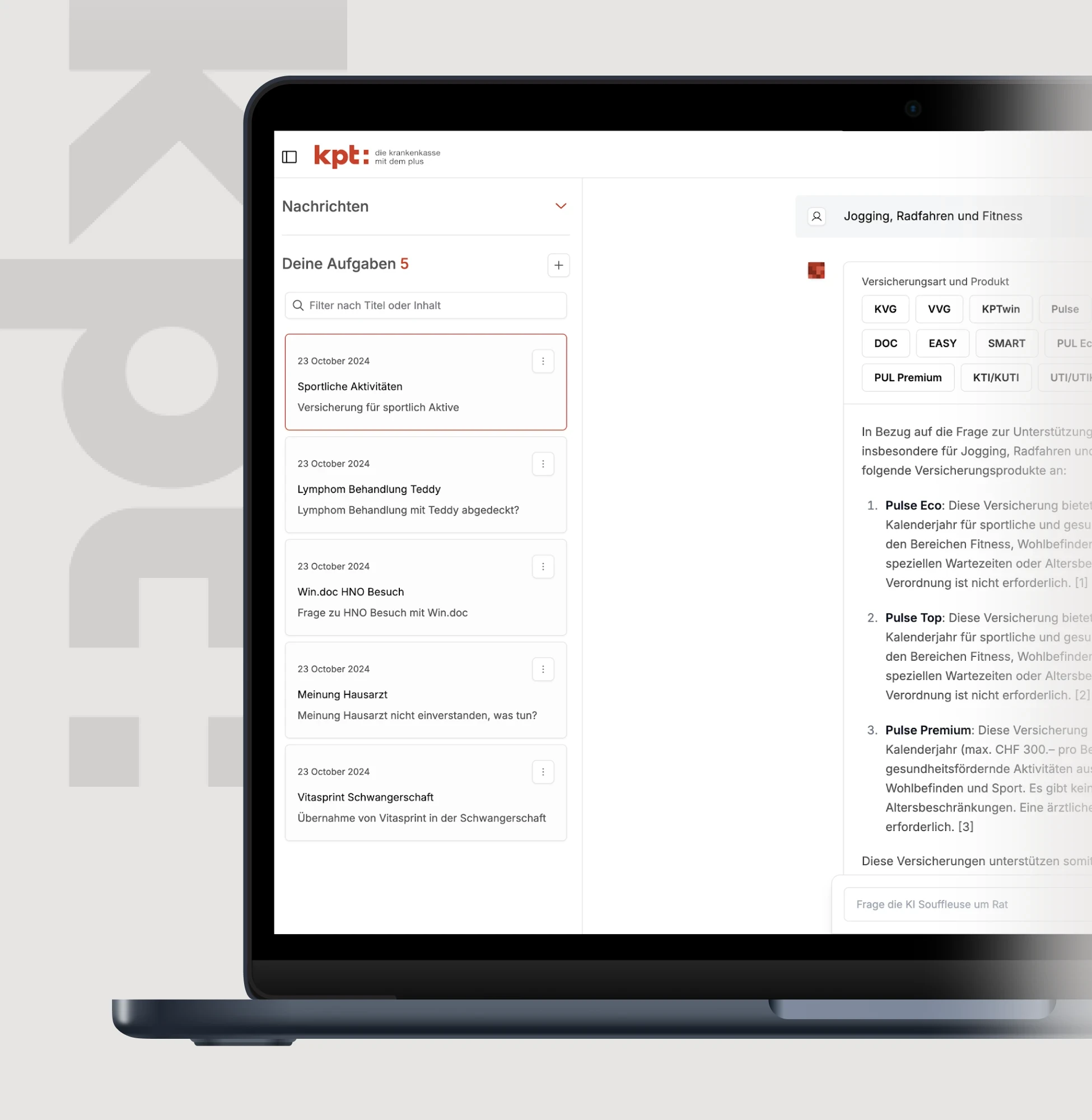 KPT health insurance dashboard showing task list and insurance coverage details for sports activities and medical treatments.