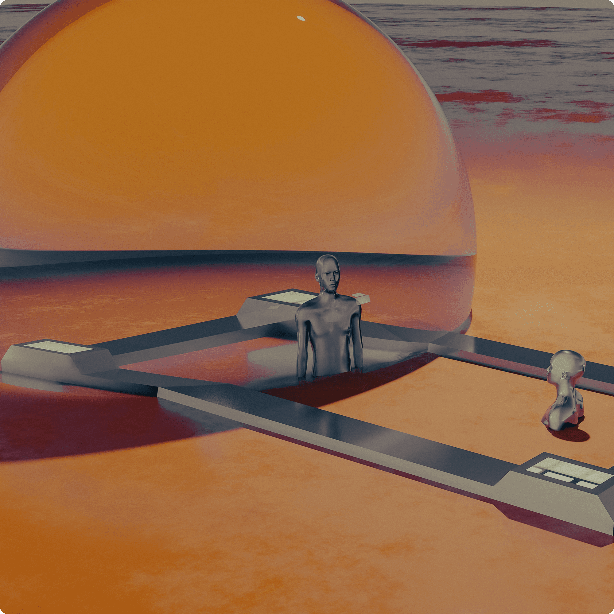Futuristic metallic mannequin figures in a digital landscape representing B2B marketing reporting tools