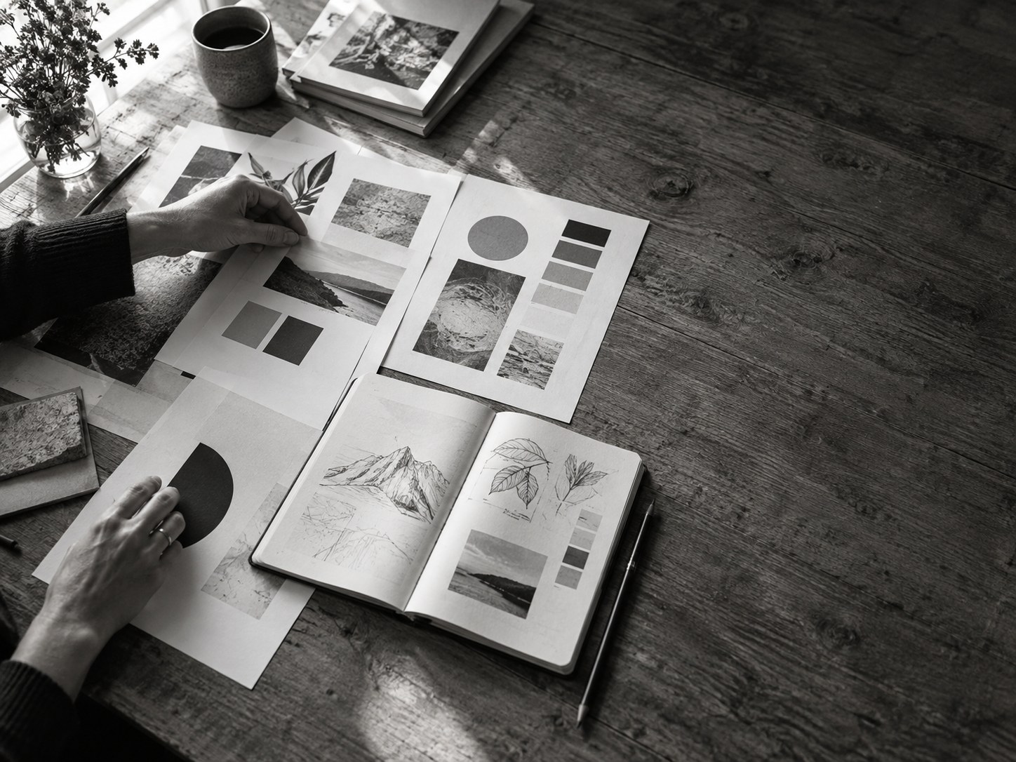 Hands arranging brand printouts and a sketchbook on a wooden table
