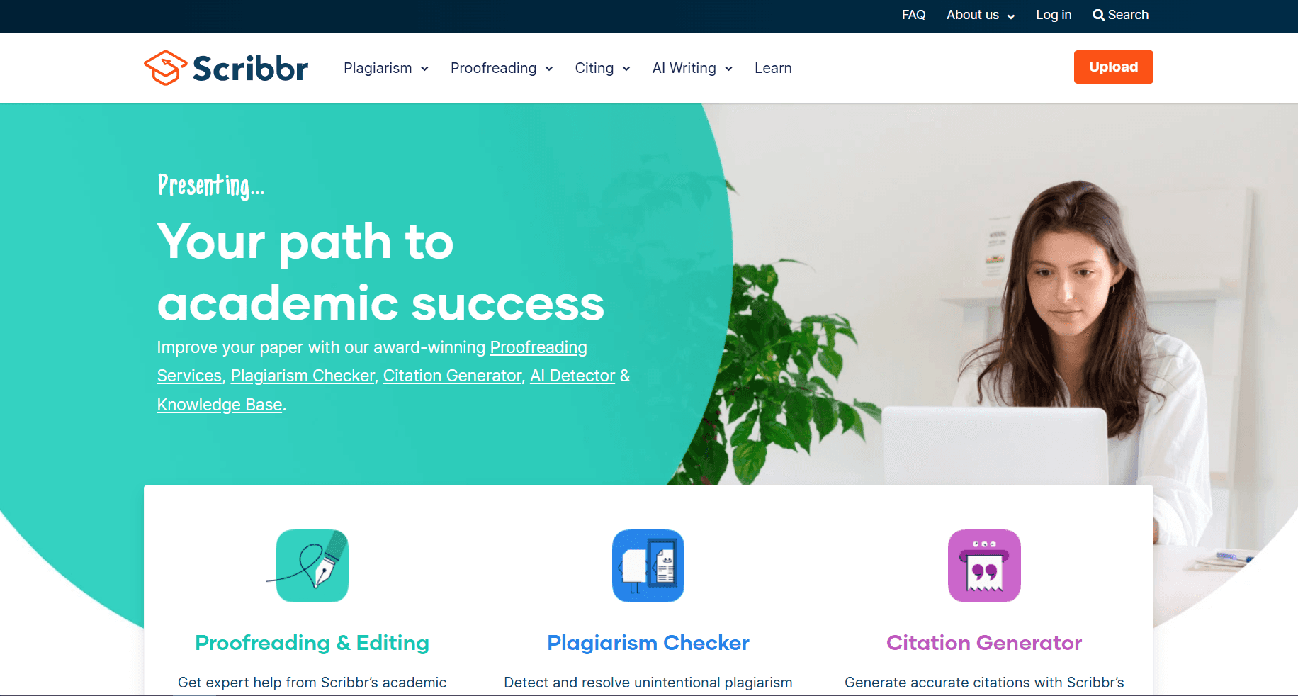 Homepage screenshot of Scribbr featuring academic support tools, a student working on a laptop, and sections for proofreading, plagiarism checking, and citation generation.