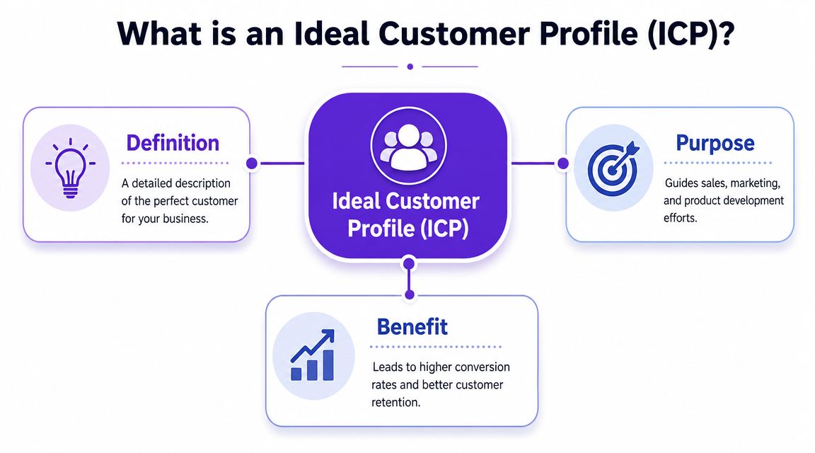 A diagram explaining the ideal customer profile with sections for definition, purpose, and key business benefits.