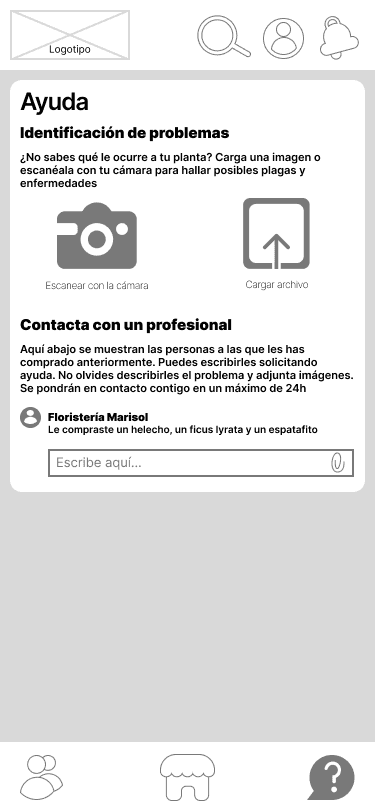 Wireframes de baja fidelidad de las pantallas principales de la app de jardinería