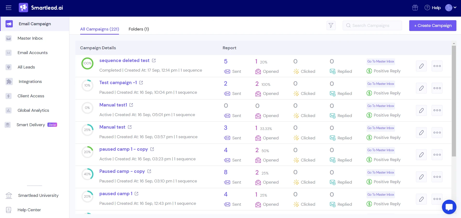 Smartlead A/B test setup with variant A and variant B side by side, subject line and opener fields highlighted.