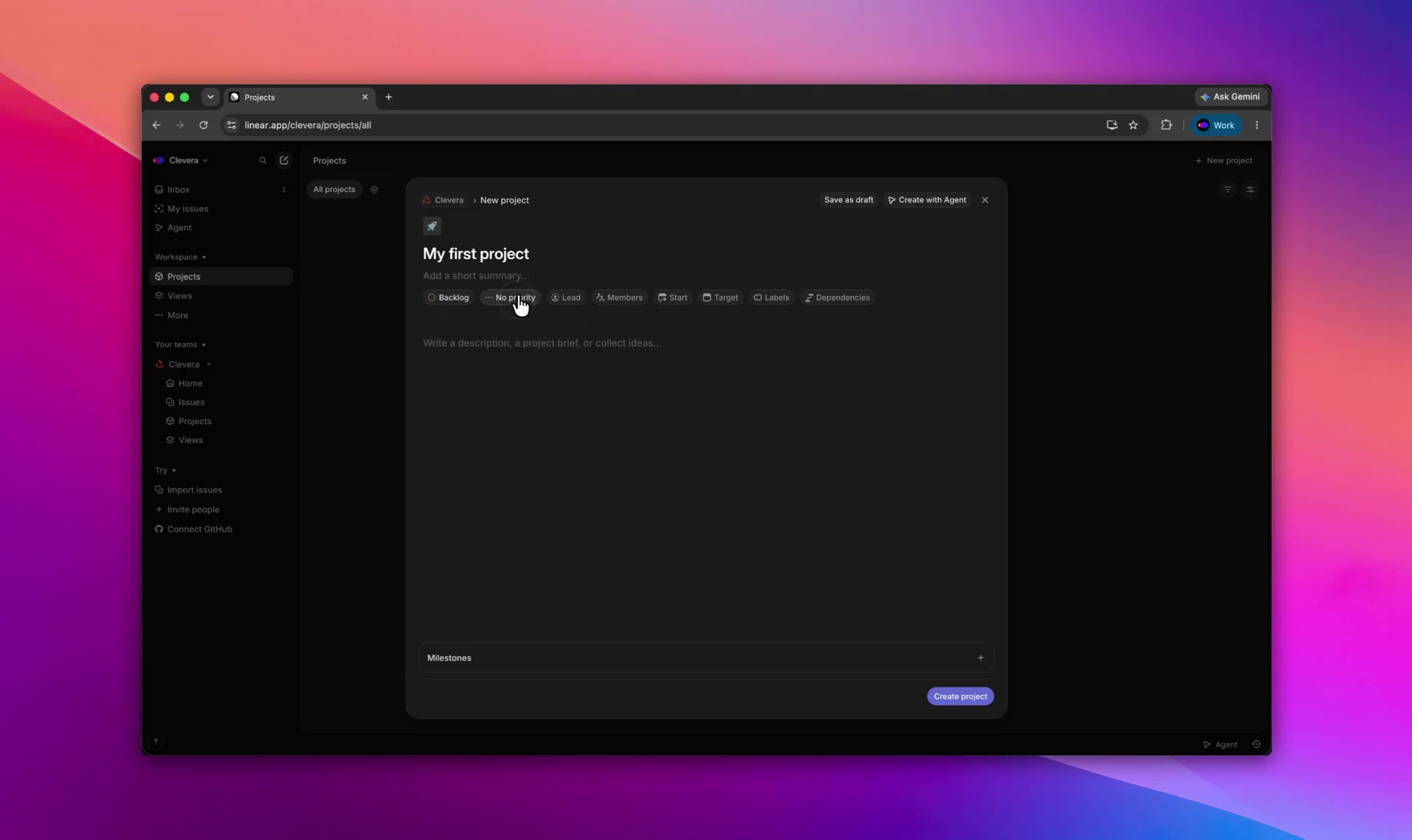 Create a project in Linear, a narrated feature how-to made with Clevera
