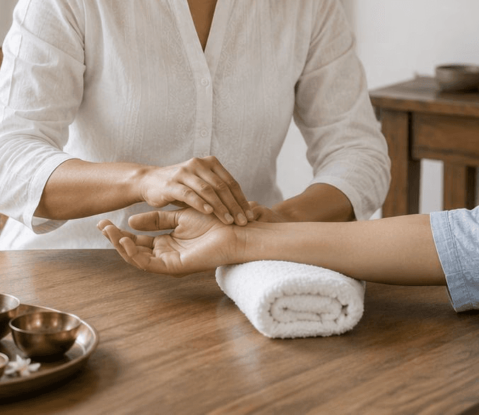 Hands massaging a person's forearm with gentle pressure.
