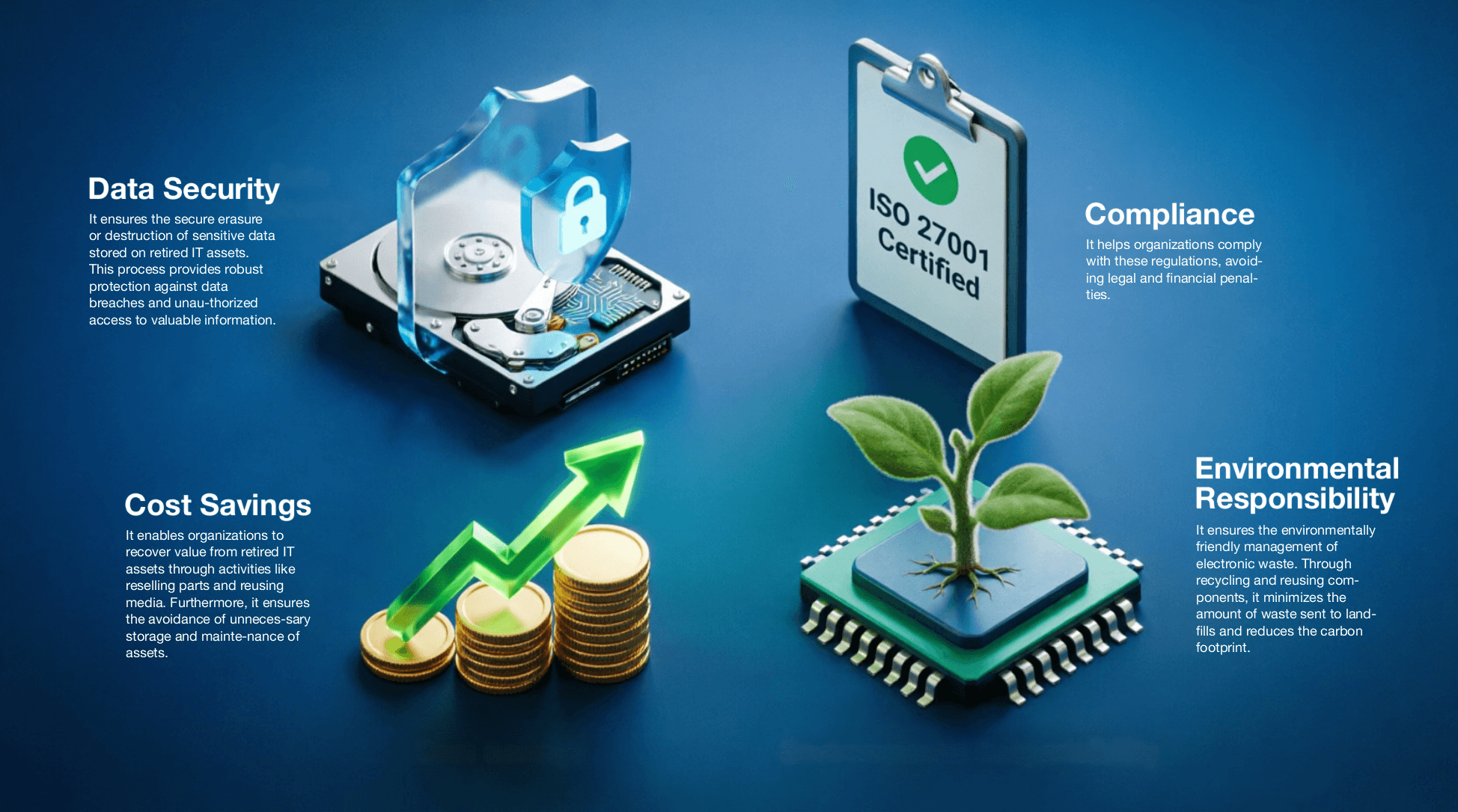 3D icons representing ITAD benefits: data security, ISO 27001 compliance, cost savings, and environmental responsibility.