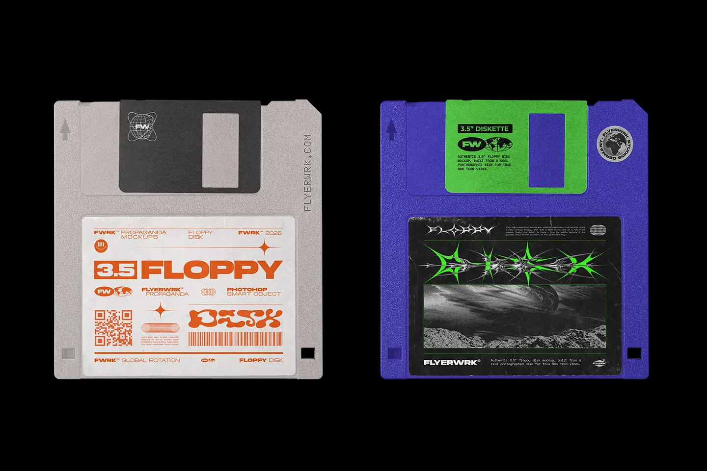 Vintage Floppy Disk 3.5 Inch Mockup displaying a purple shell with a vibrant green sliding shutter