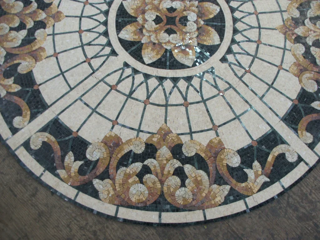 Radiant Dome mosaic pool medallion, Gold and cream, hand-cut stone — reference M-11, Mosaiclegs Art Studio