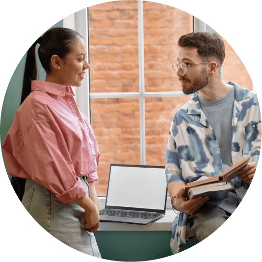 Man and woman discussing books