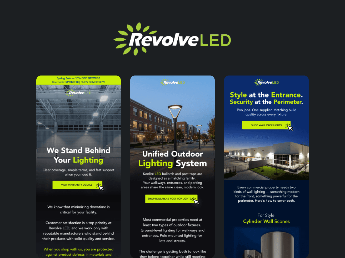 Revolve LED email campaign and flow creative