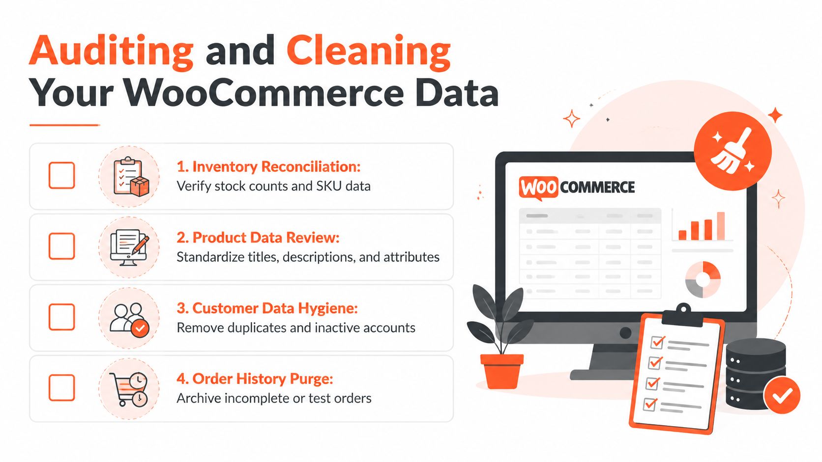An infographic detailing four steps to audit and clean your WooCommerce database and improve data organization.