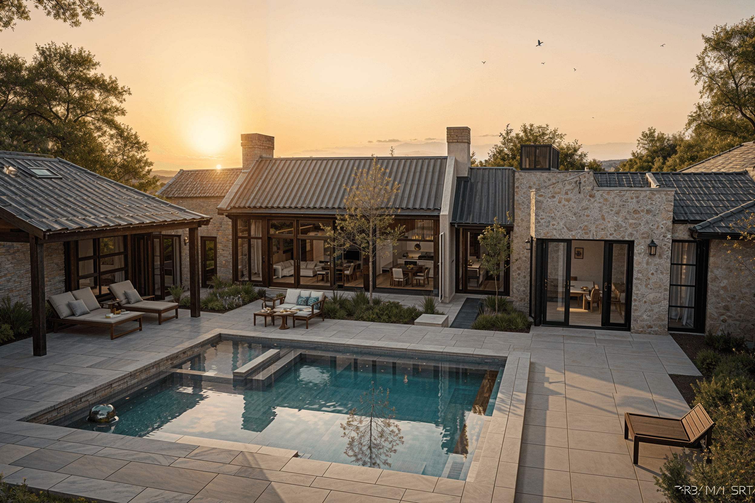 Rear courtyard view of a stone single storey house with swimming pool