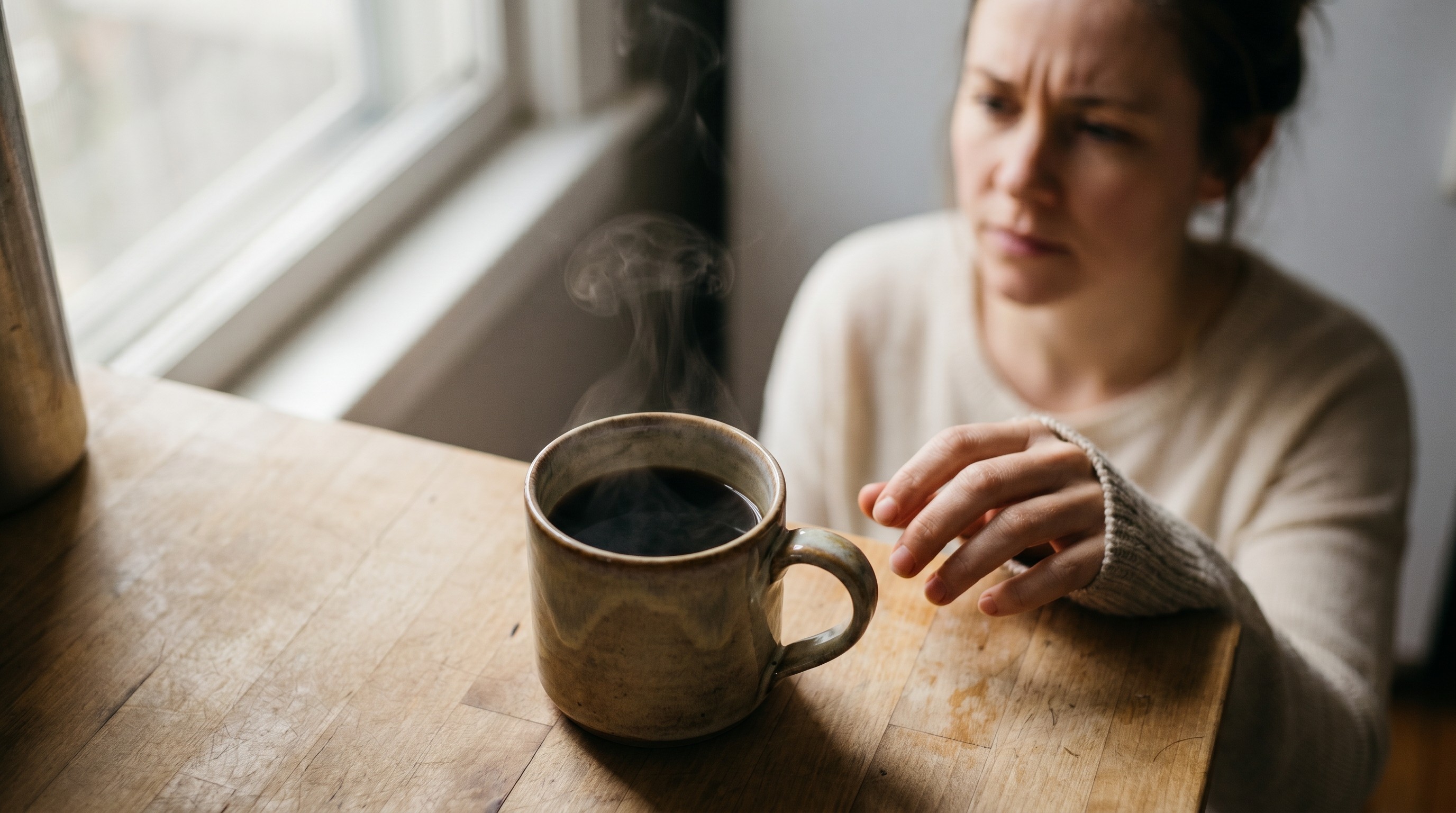 Woman pausing before sipping a steaming coffee mug in warm morning kitchen light