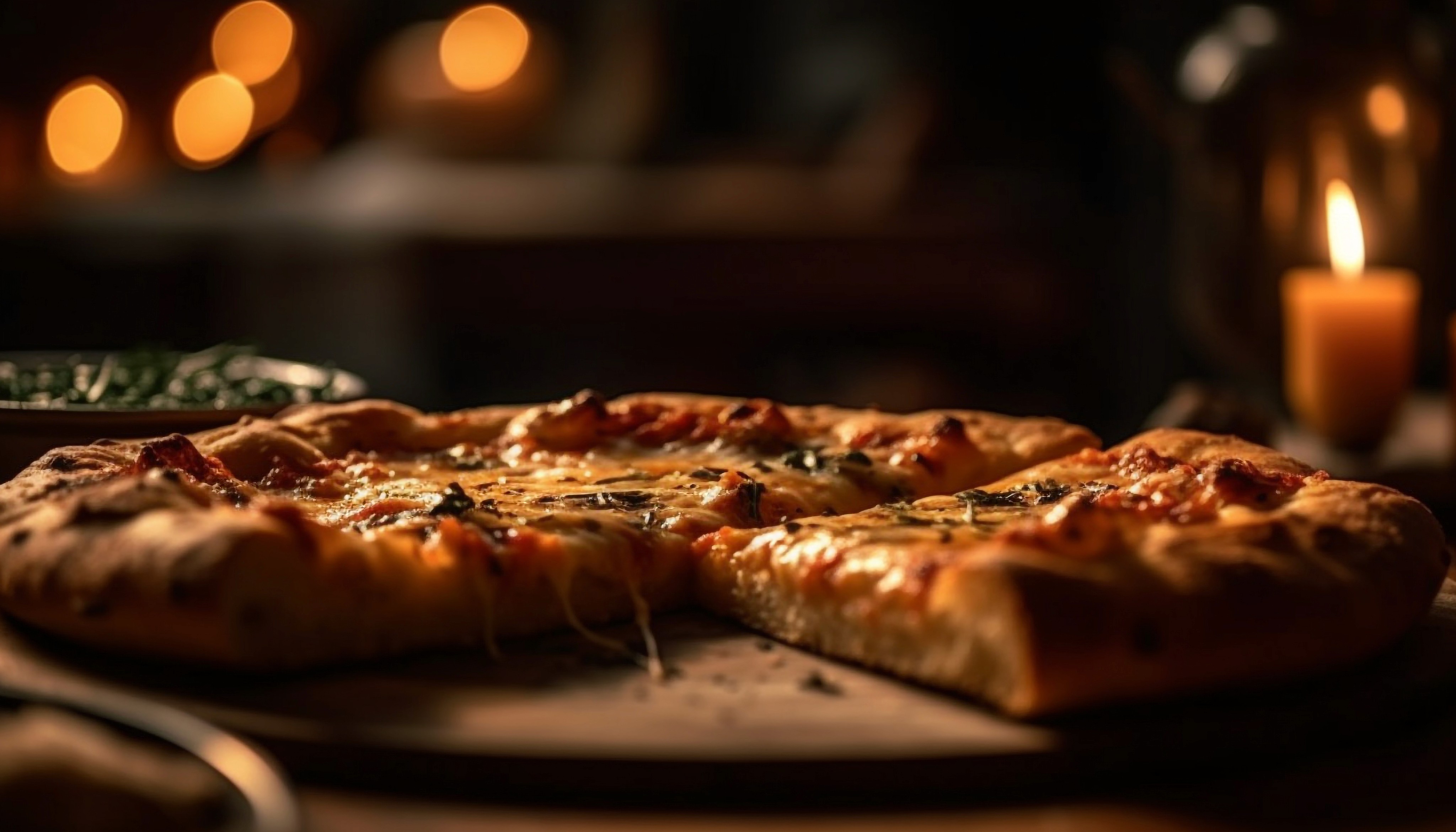 A close-up of a rustic, cheese and tomato pizza on a wooden board, with one slice slightly pulled away, showcasing melted cheese pull and set in a dark, candlelit atmosphere.