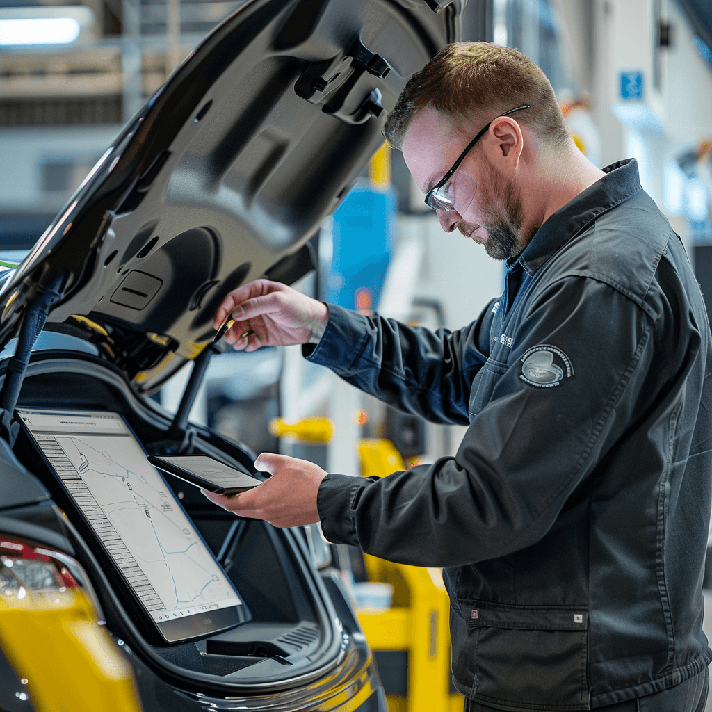 ADAS repair technician standing next to a vehicle examining a tablet display