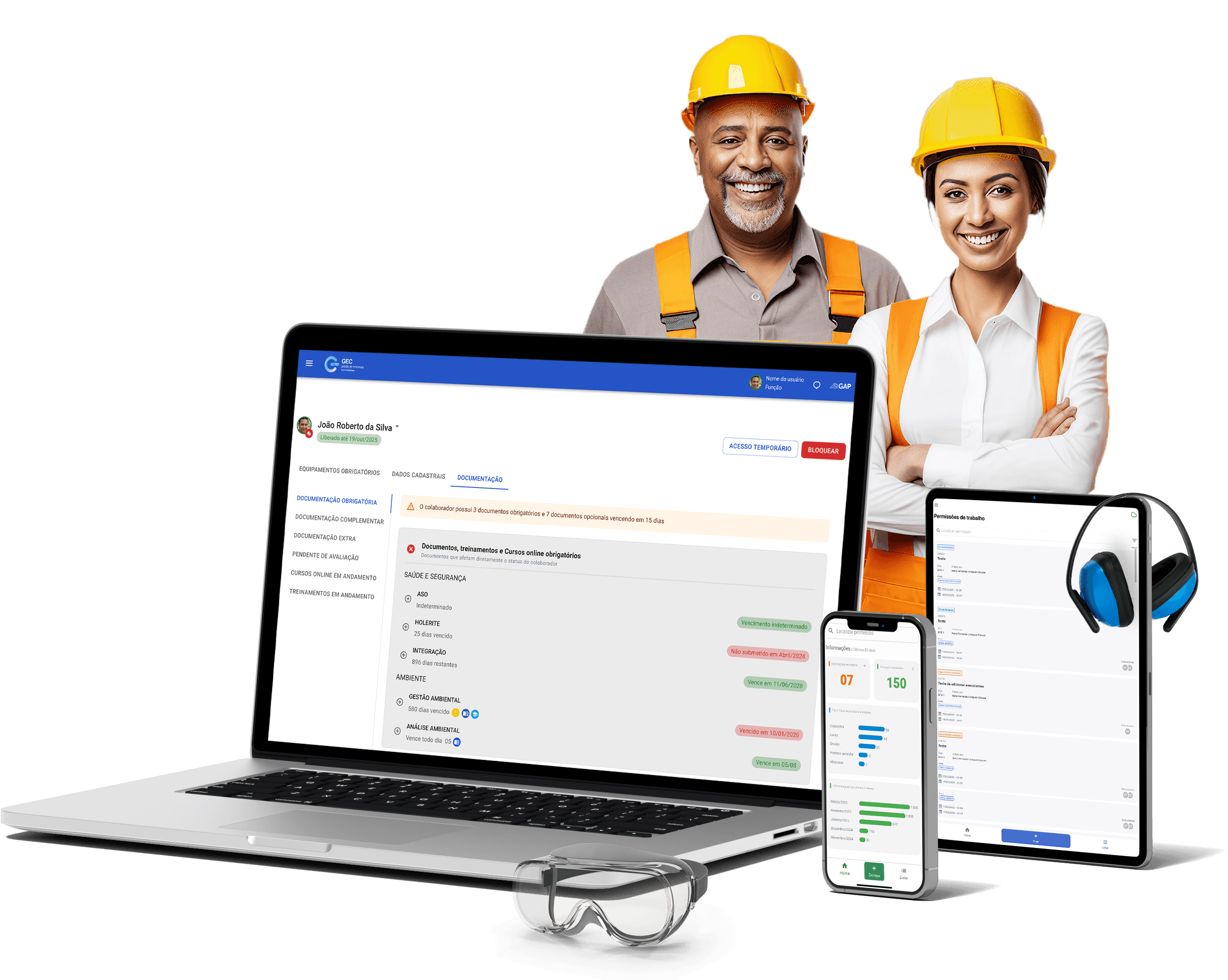 Plataforma GAP Sistemas exibida em desktop, tablet e celular, com duas pessoas usando capacetes, ilustrando a gestão SSMA digital e a segurança do trabalho.