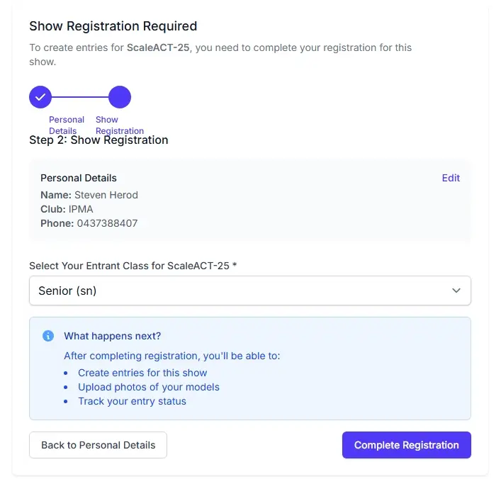 Entrant registration screen