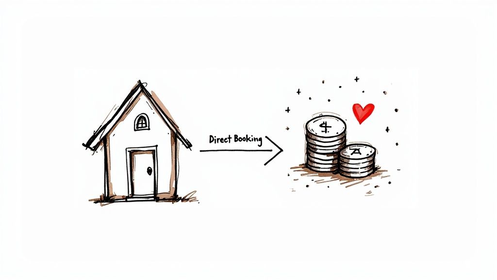 A hand-drawn house leads via 'Direct Booking' arrow to stacks of money and a heart.