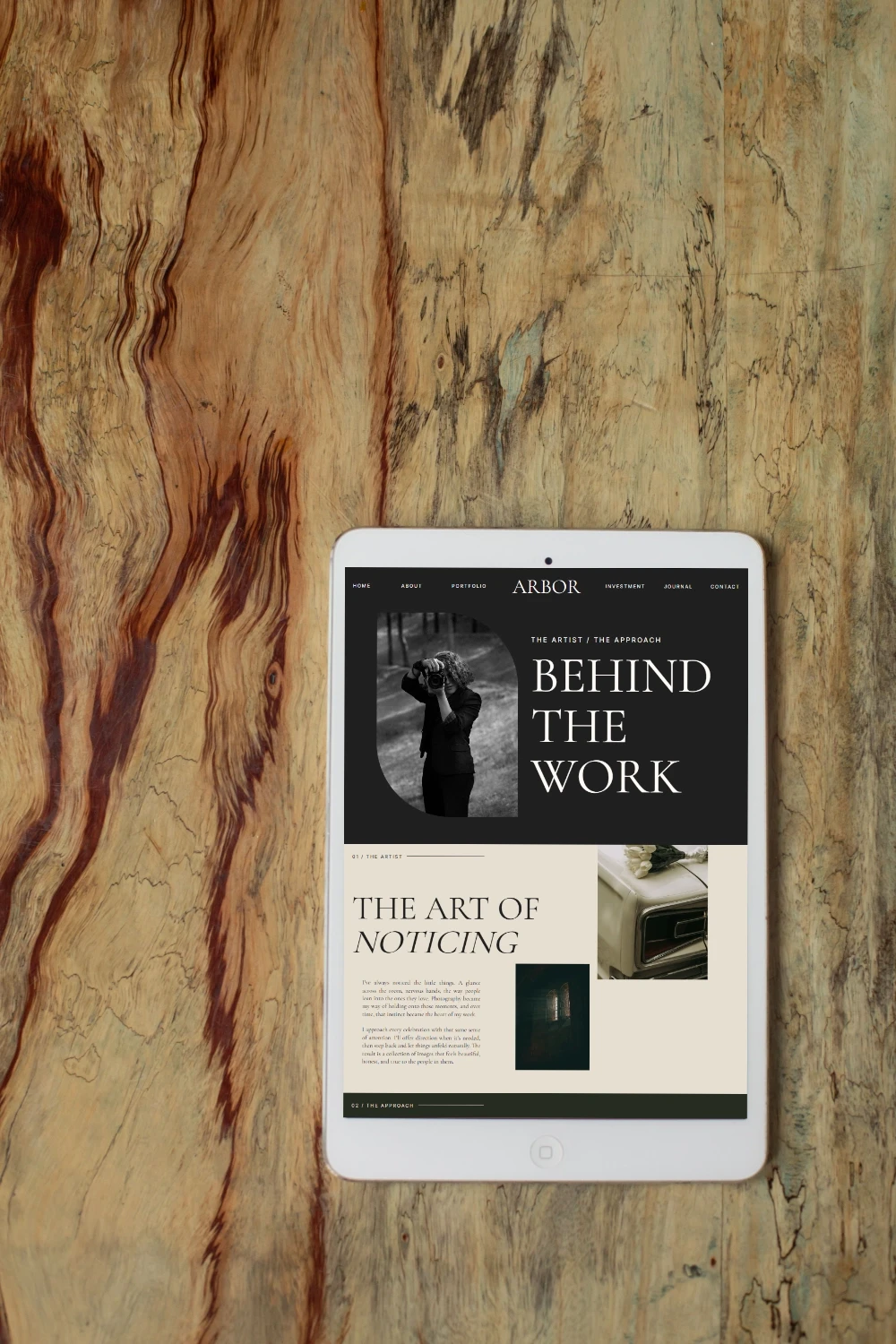 Tablet mockup of the about page