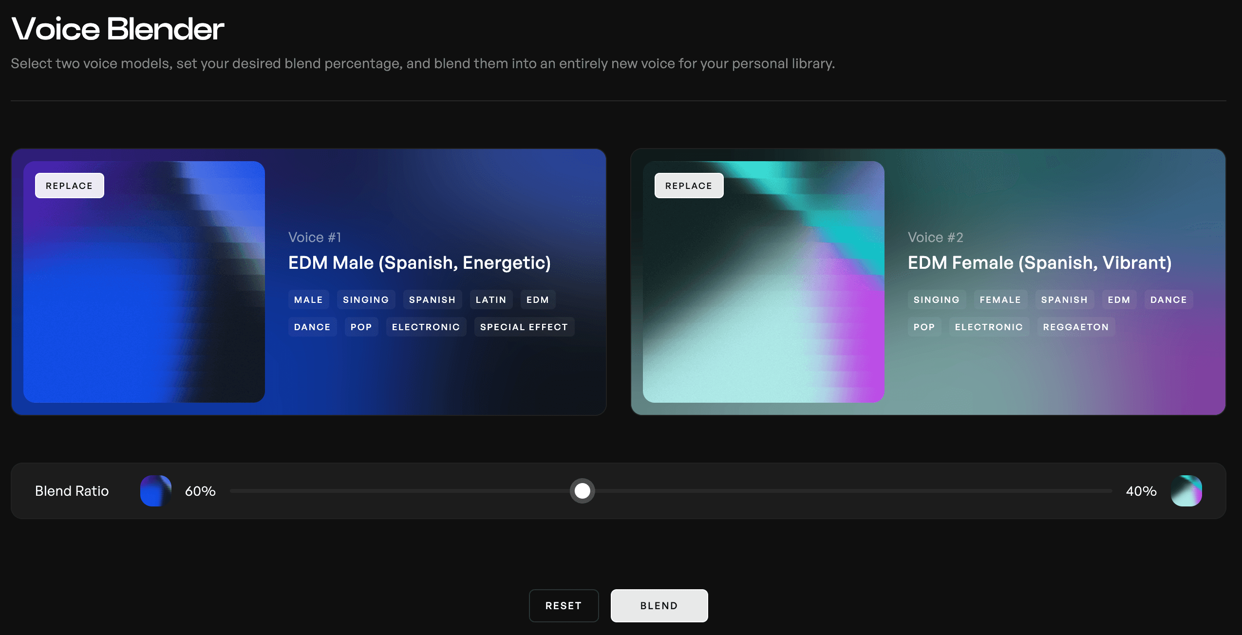 Kits AI voice blender tool with the Male Americana and Male Chicago Drill voices selected