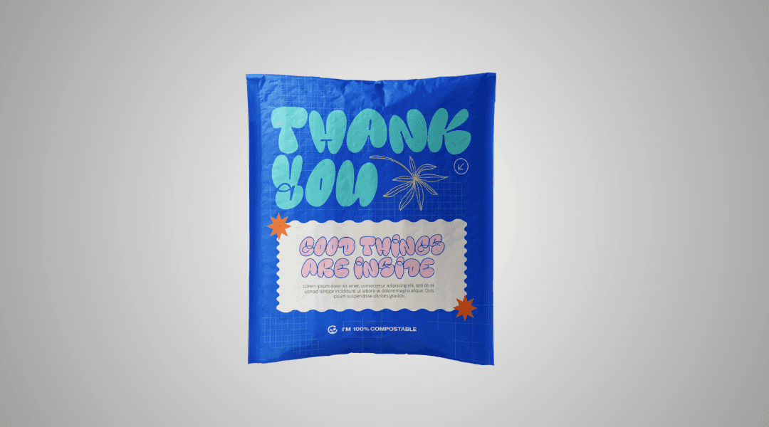 A blue bubble mailer that says thank you.