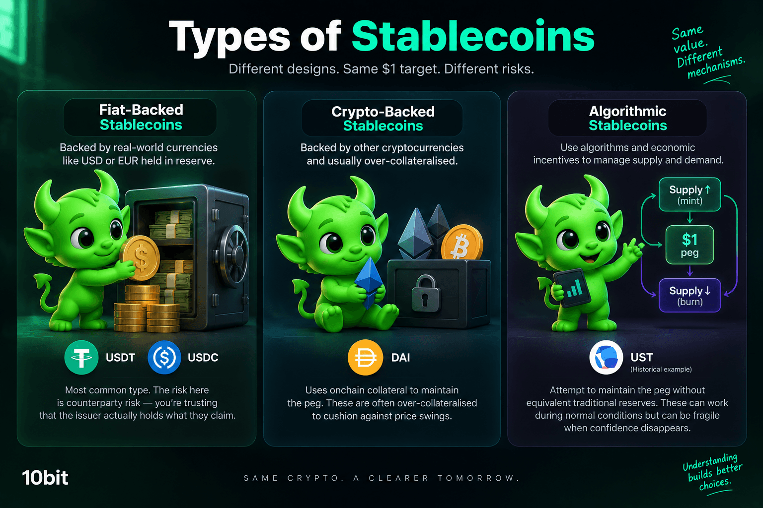 Comparison of fiat-backed, crypto-backed and algorithmic stablecoins and how each maintains its price peg