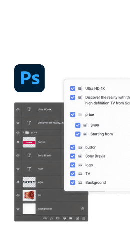PSD import interface showing Photoshop layers converted into editable banner design elements and workflow components.