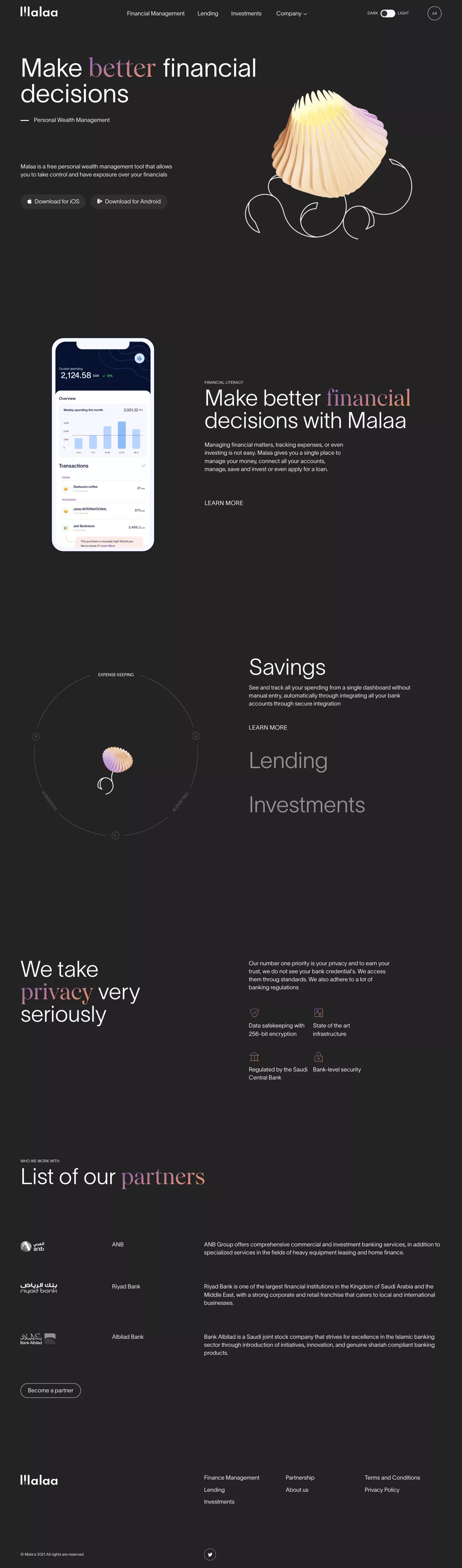 Malaa - Save better, save smarter landing page screenshot showcasing Tech and Finance design