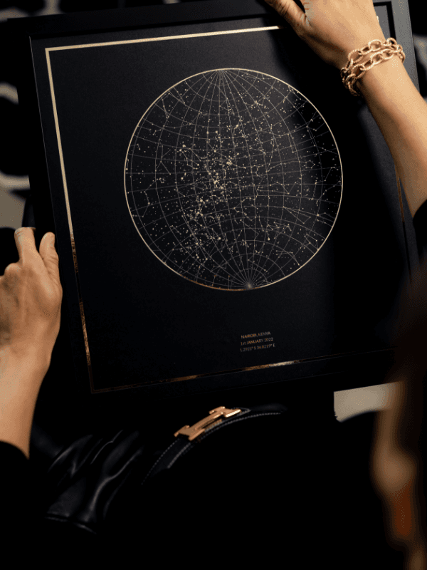 The Night Sky foil and glow-in-the-dark star map prints showing gold foil detail and luminous stars